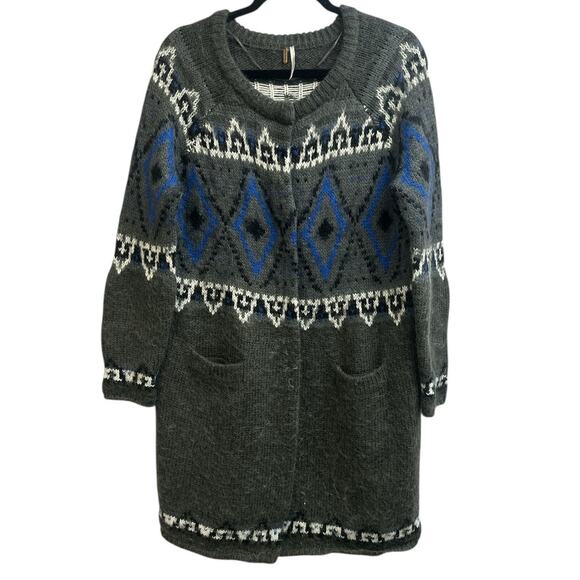 Free People Mohair Blend Long Cardigan Snap Closure Blue Gray Size Large - Picture 1 of 9